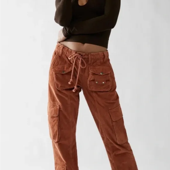 Free People Tahiti Cord Cargo Pants Utility Pockets Smocked Waist Cord Tie Rust - Picture 2 of 7